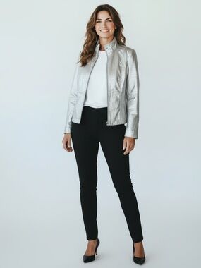 Apriori Y2K Vintage Silver Metallic Linen Blend Jacket Zip Front Women Size 16